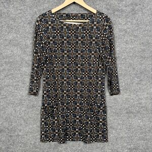 J.Mclaughlin Sz Medium Dress Mini Sheath Brown Geometric Nylon Blend 3/4 Sleeve